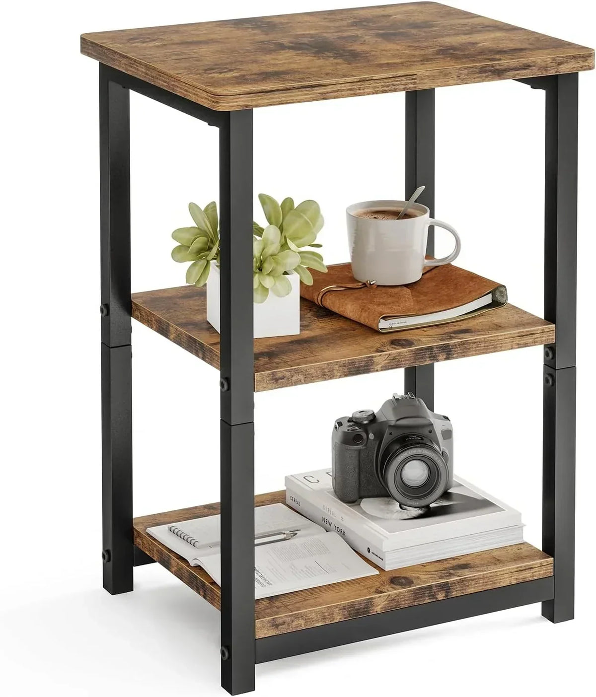 Rustic Brown Nightstand with Charging Station, 2 Fabric Drawers & Open Shelves