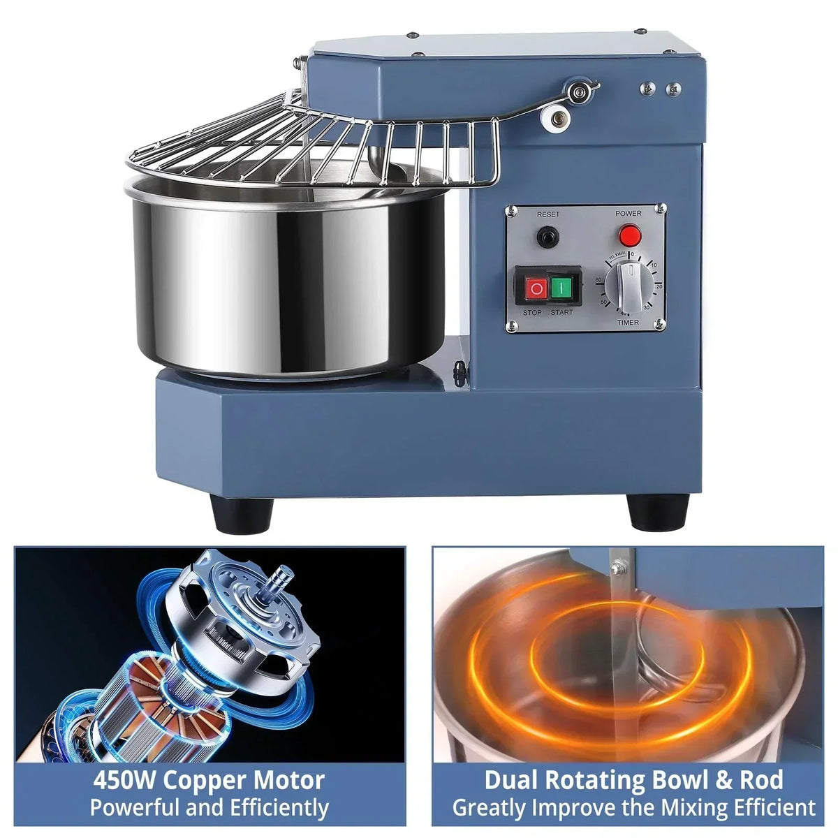 2025 8Qt Commercial Food Mixer, 450W Dual Rotating Dough Kneading Machine w Food-grade Stainless Steel Bowl, Security Shield & Timer, Commercial