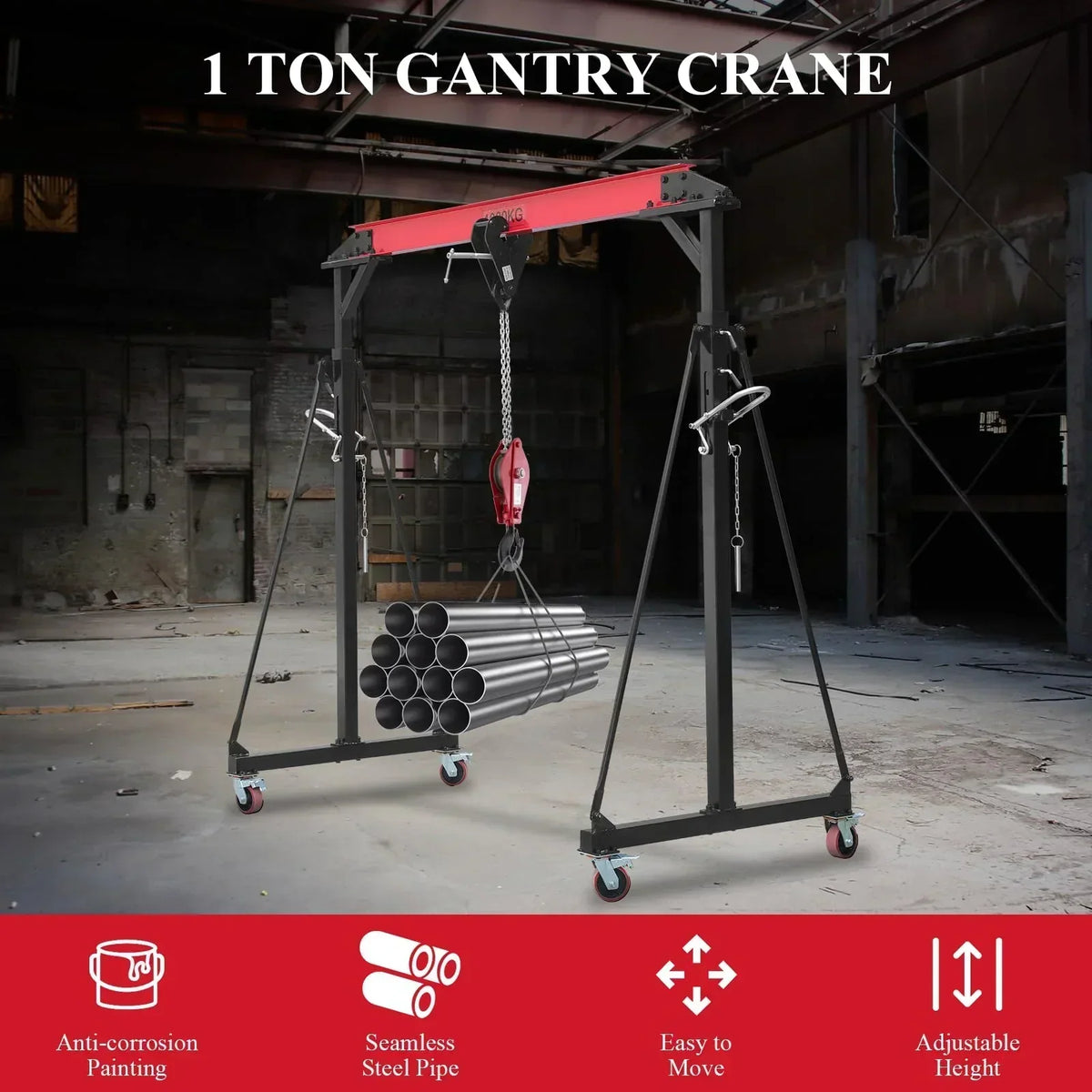 2025 1 Ton Adjustable Gantry Crane, 2200 lbs Capacity, Height Adjustable 96.5"-143.7", Portable Hoist for Factory, Construction, Warehouse, Auto Repair