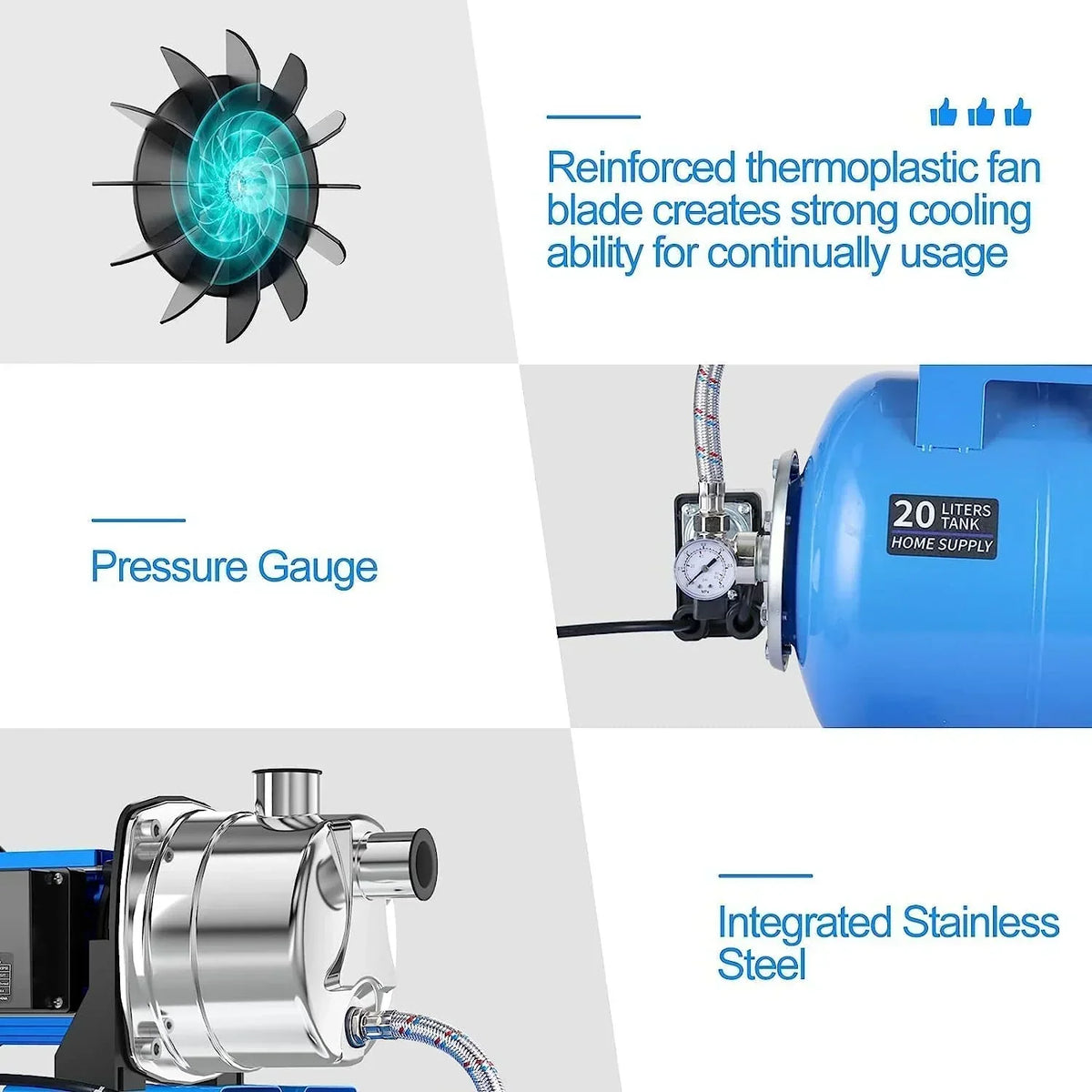 1.6HP Shallow Well Pump with Pressure Tank 1268 GPH Stainless Steel Jet Pump Transfer Drainage Booster Pump Garden Sprinkler System Water Pump for Home Garden Lawn Irrigation
