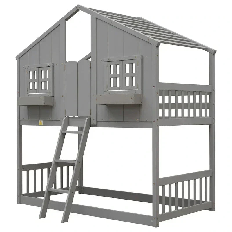 Twin over Twin House Bunk Bed with Roof , Window, Window Box, Door , with Safety Guardrails and Ladder, Grey