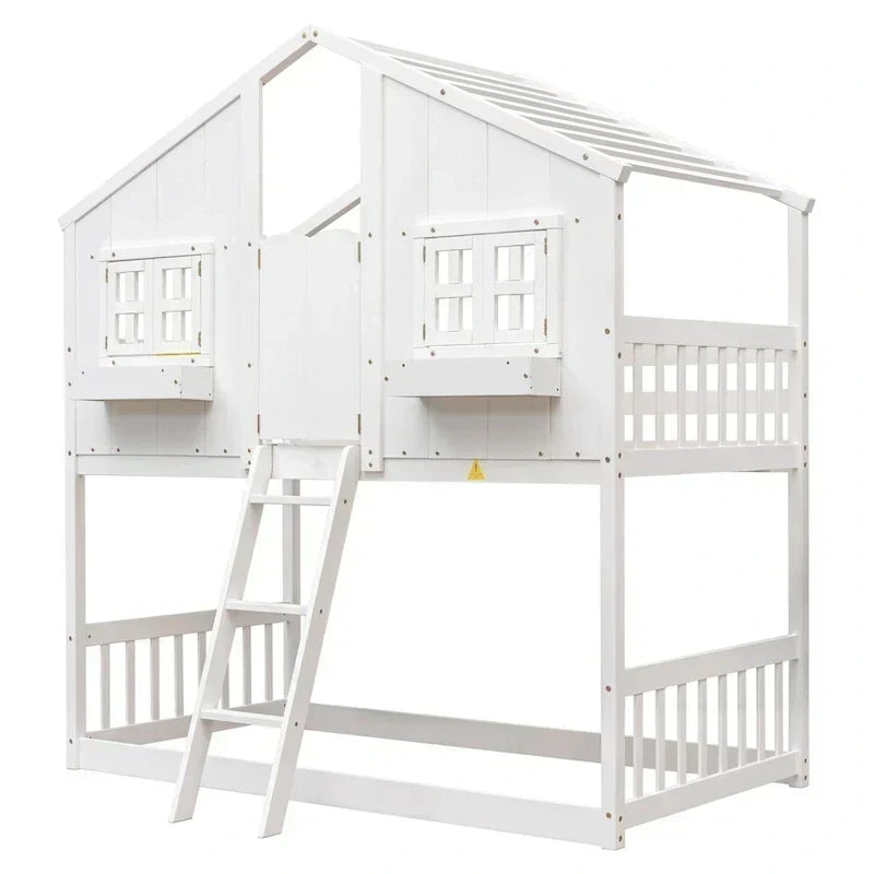 Twin over Twin House Bunk Bed with Roof , Window, Window Box, Door , with Safety Guardrails and Ladder, Grey