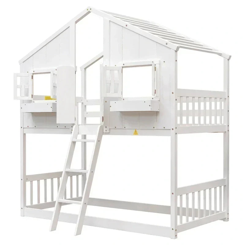 Twin over Twin House Bunk Bed with Roof , Window, Window Box, Door , with Safety Guardrails and Ladder, Grey