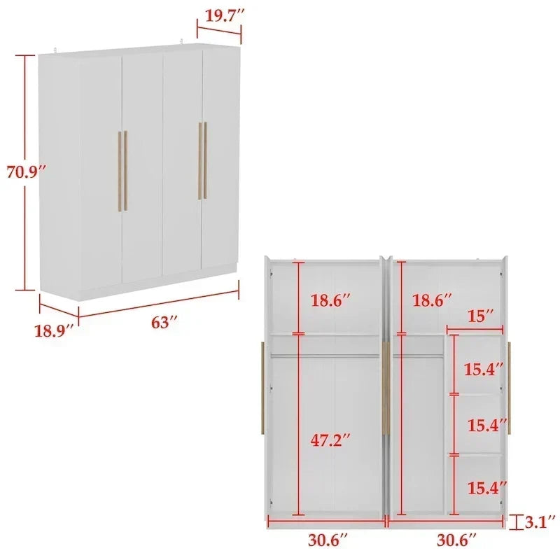 Modern Freestanding Solid Wood Wardrobe Closet With Storage Shelves