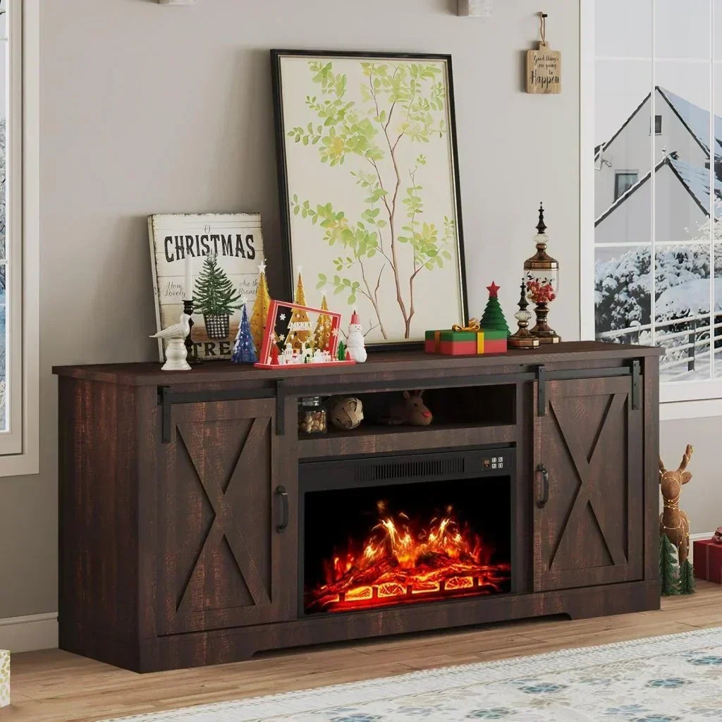 AMERLIFE Fireplace TV Stand with Sliding Barn Door for TVs up to 73", Farmhouse 63" Fireplace Entertainment Center with Storage Cabinets/Adjustable Shelves