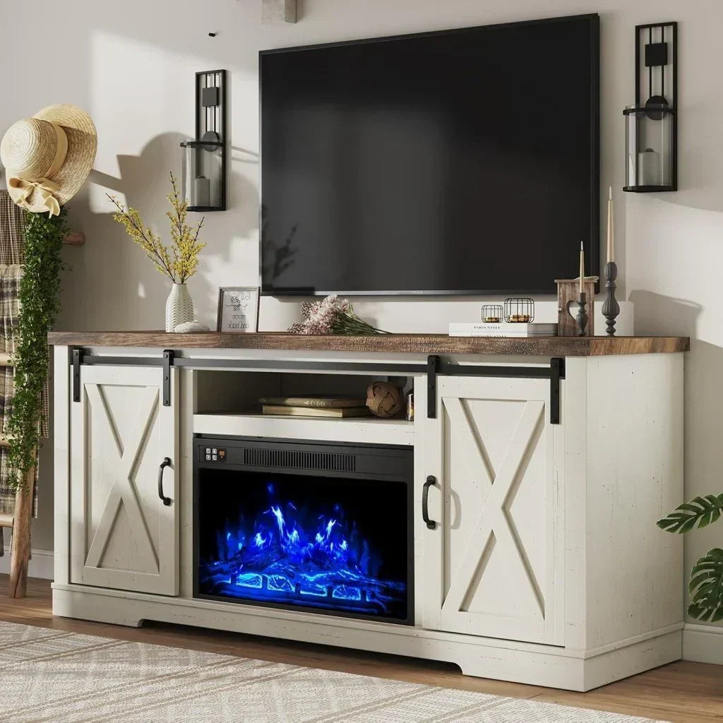 AMERLIFE Fireplace TV Stand with Sliding Barn Door for TVs up to 73", Farmhouse 63" Fireplace Entertainment Center with Storage Cabinets/Adjustable Shelves