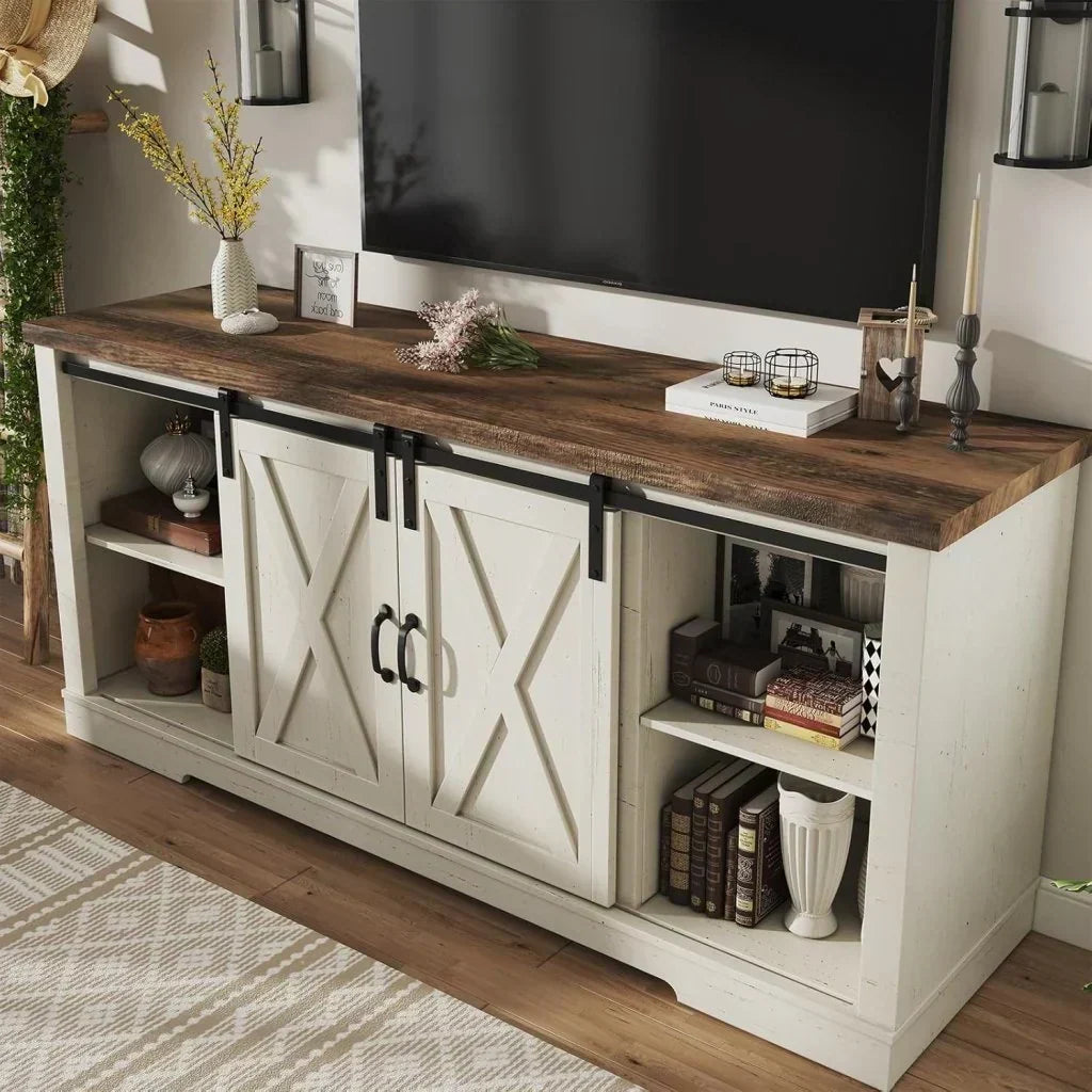 AMERLIFE Fireplace TV Stand with Sliding Barn Door for TVs up to 73", Farmhouse 63" Fireplace Entertainment Center with Storage Cabinets/Adjustable Shelves