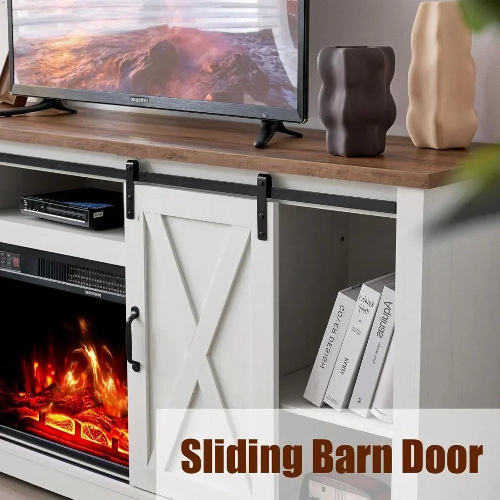 AMERLIFE Fireplace TV Stand with Sliding Barn Door for TVs up to 73", Farmhouse 63" Fireplace Entertainment Center with Storage Cabinets/Adjustable Shelves