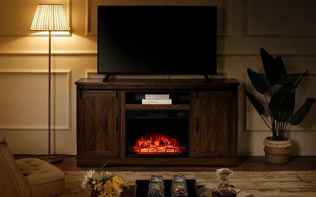 AMERLIFE Fireplace TV Stand with Sliding Barn Door for TVs up to 73", Farmhouse 63" Fireplace Entertainment Center with Storage Cabinets/Adjustable Shelves