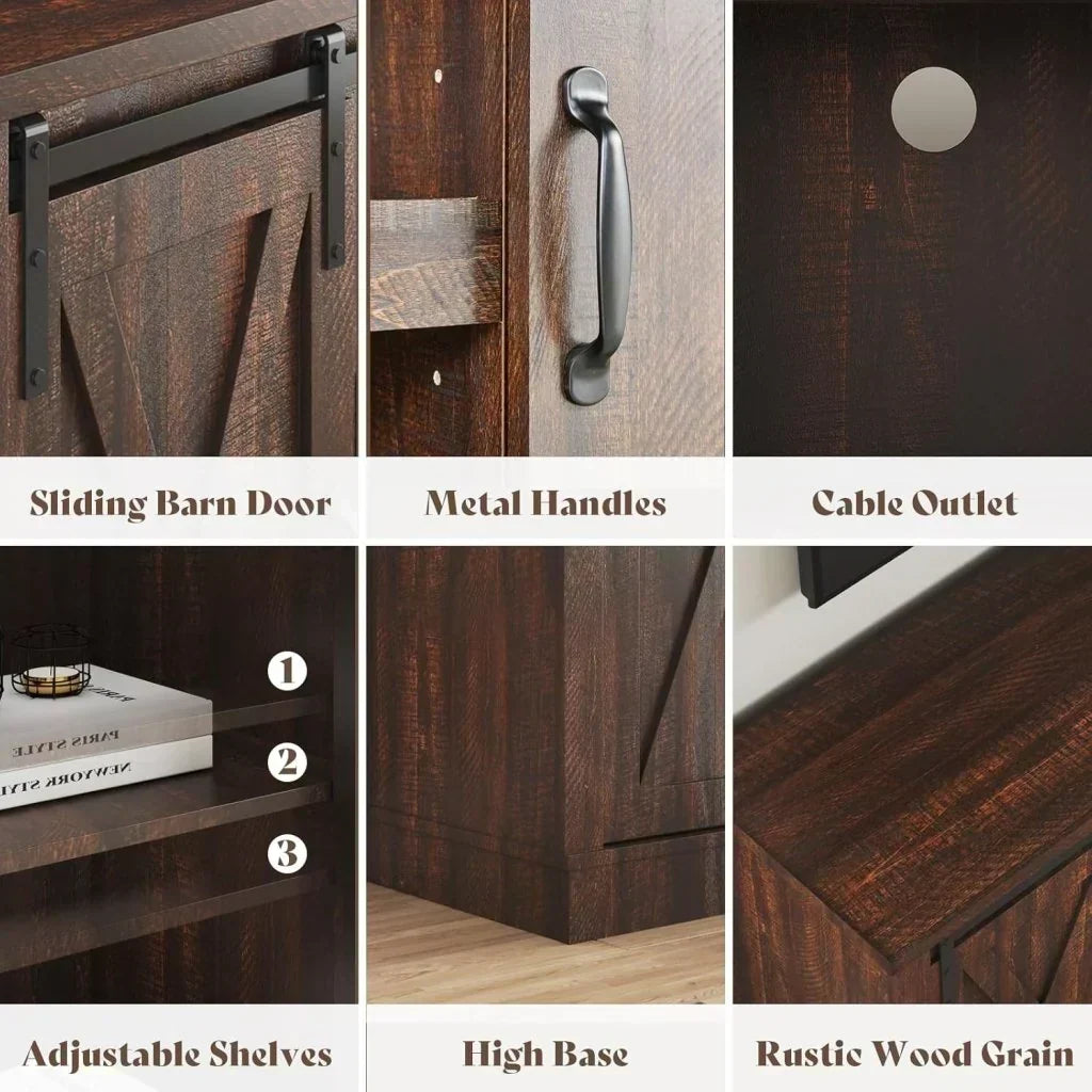 AMERLIFE Fireplace TV Stand with Sliding Barn Door for TVs up to 73", Farmhouse 63" Fireplace Entertainment Center with Storage Cabinets/Adjustable Shelves
