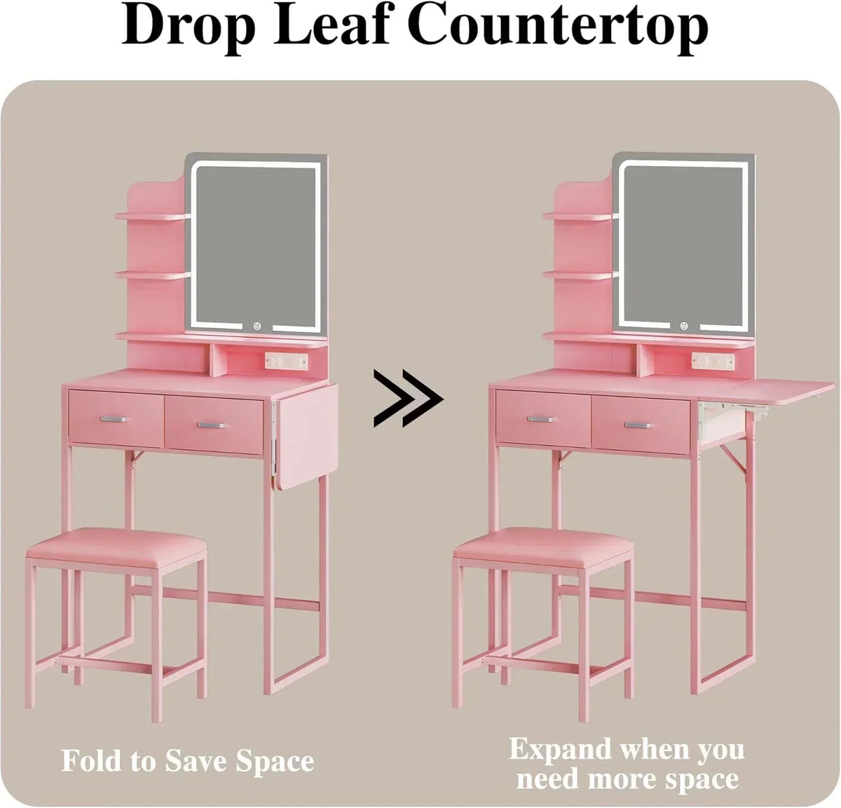 Fixwal 3-in-1 Compact Makeup Vanity Desk with Foldable Side Panel, LED Mirror & Power Outlet