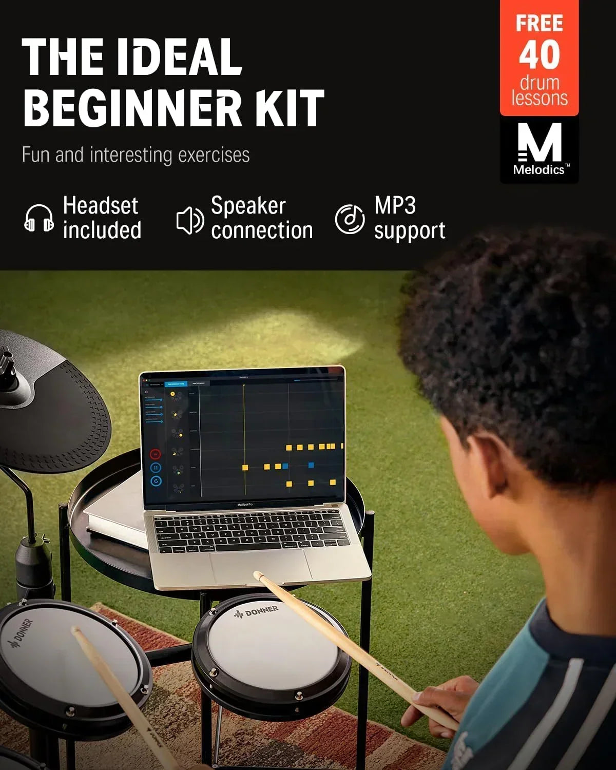 Donner DED-80 Electronic Drum Set, Electric Drum Set for Beginner with 4 Quiet Mesh Drum Pads, 2 Switch Pedal, 180+ Sounds, Throne, On-Ear Headphones, Sticks, and Melodics Lessons Included.