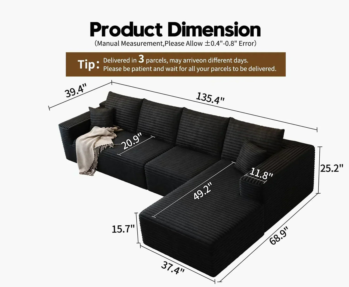 107.5" Cloud Modular Sectional Sofa Couch with L-Shape Chaise,Modern Minimalist Upholstered Couches for Living Room Bedroom,Deep Seat Corner Couch .No Assembly Required (Black,Left Facing Chaise)