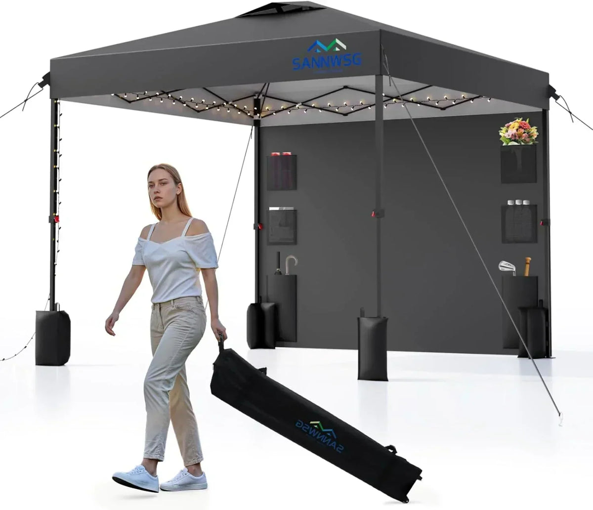 12X12 Pop Up Canopy Tent,Removable Pockets Sidewall for Extra Storage,Easy Up Canopy,Heavy Duty One Person Set Up Event Tent,Grey