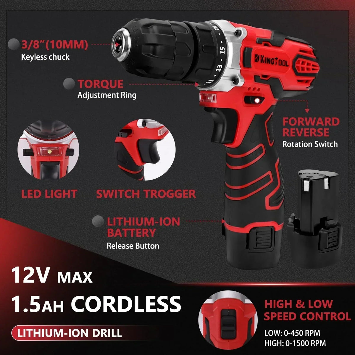 KingTool 276-Piece Tool Set Kit with 12V Cordless Power Drill Driver
