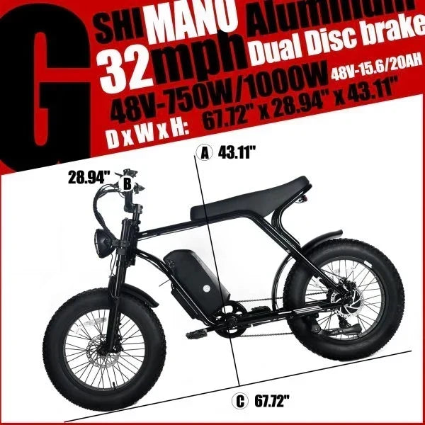 Electric Mountain Bike For Adults With 20 x 4.0 Fat Tires, 1000W Motor, 48V 20Ah Removable Battery, 45MPH Speed, 7-Speed