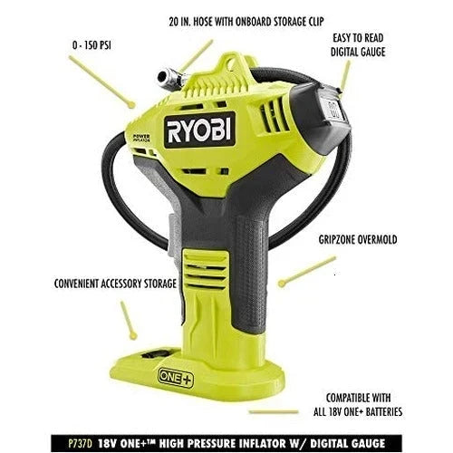 RYOBI ONE+ Cordless Air Inflator With Digital Gauge, 18V 4.0 Ah Lithium-Ion Battery - P737D