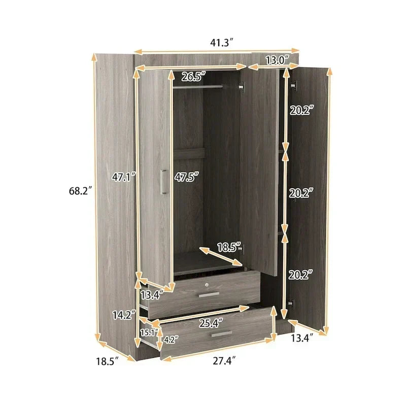 3-Door Wardrobe with 2 Drawers