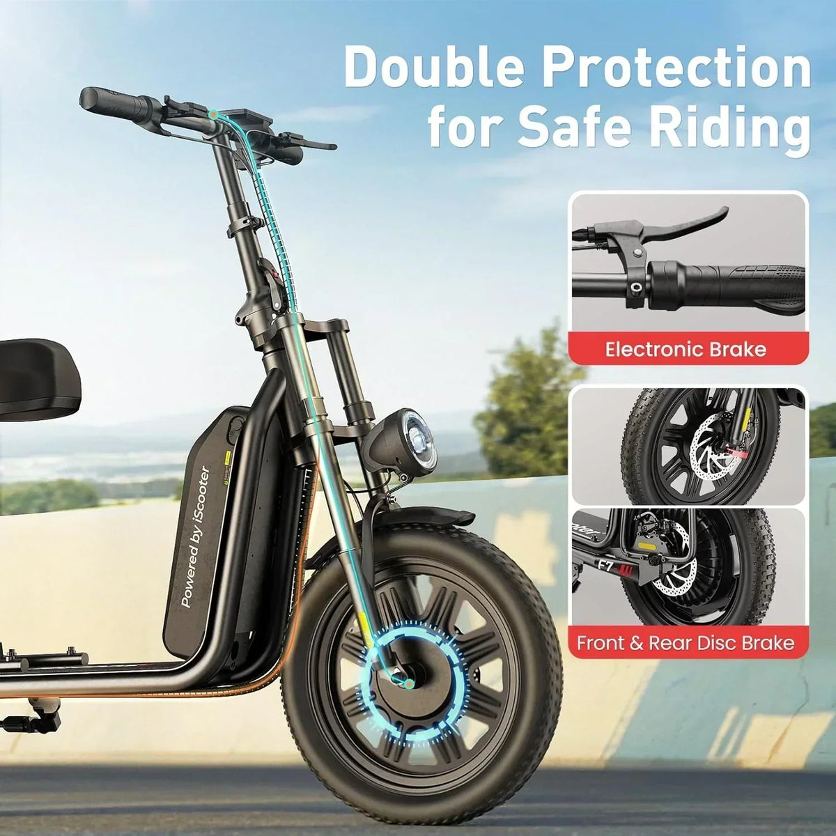 iScooter electric scooter with seat, 37/21 mile range, 28/19/15.6 mph top speed, dual suspension scooter with basket