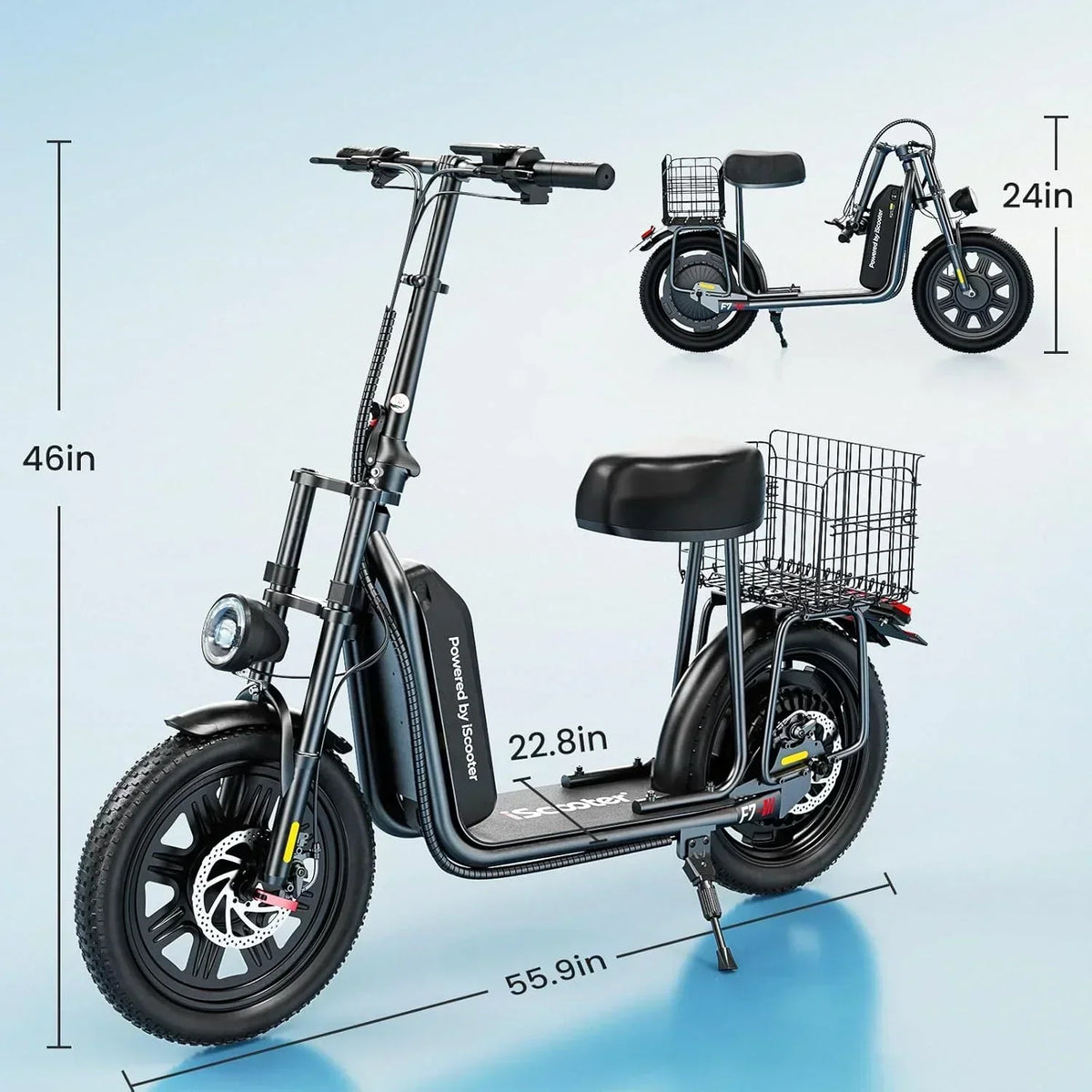 iScooter electric scooter with seat, 37/21 mile range, 28/19/15.6 mph top speed, dual suspension scooter with basket