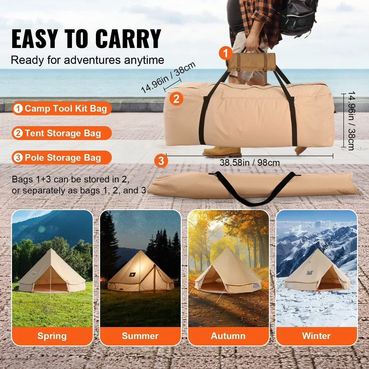 KFFKFF Canvas Bell Tent 6m/19.68ft 4-Season With Stove Jack - ZJTM1303