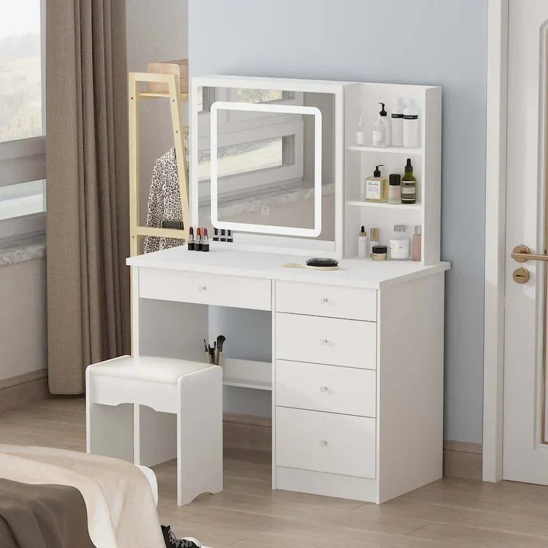 White Makeup Vanity Set with LED Mirror and Stool - 39.4" Wide