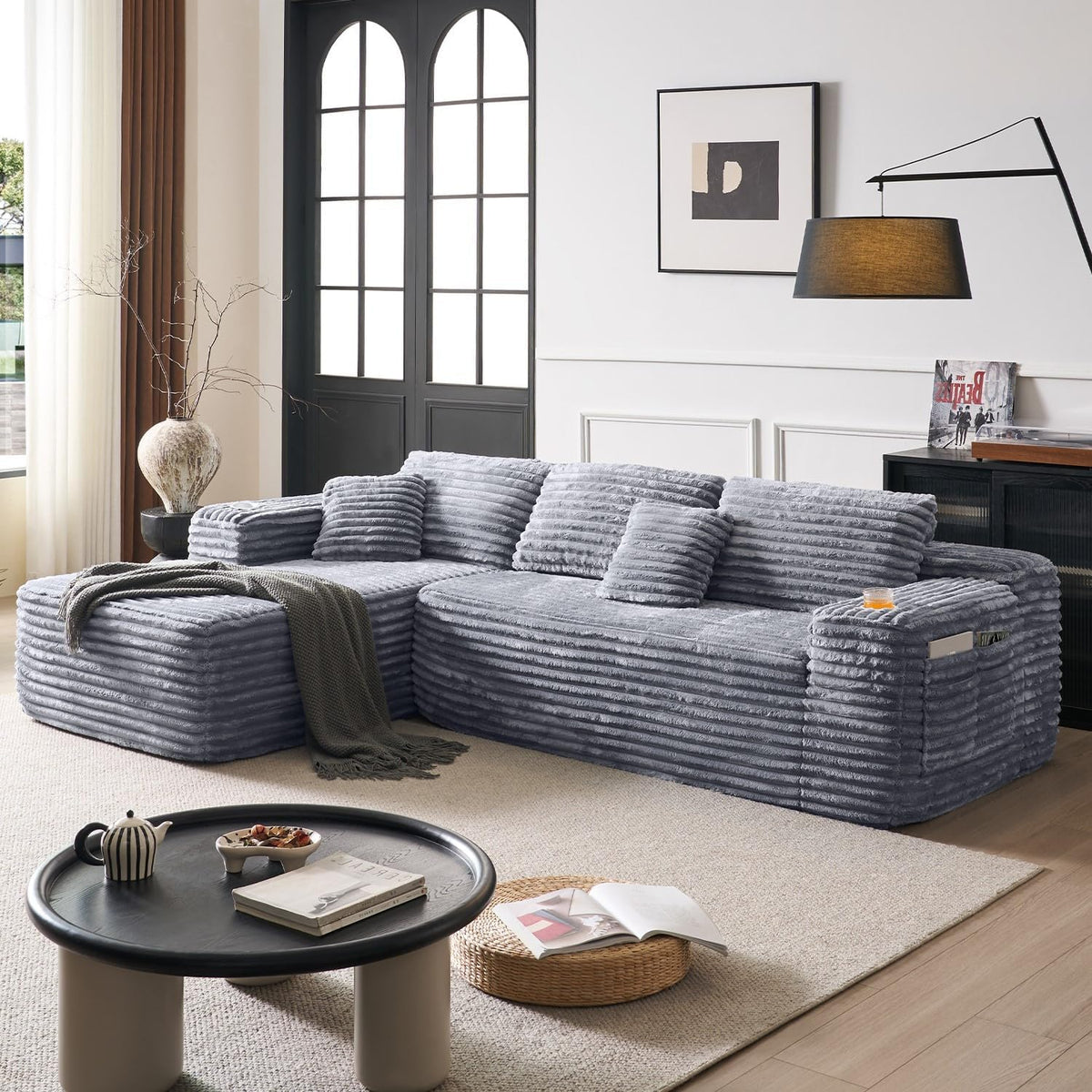Cloud section sofa with L-shaped recliner modern modular sofa built-in cup holder