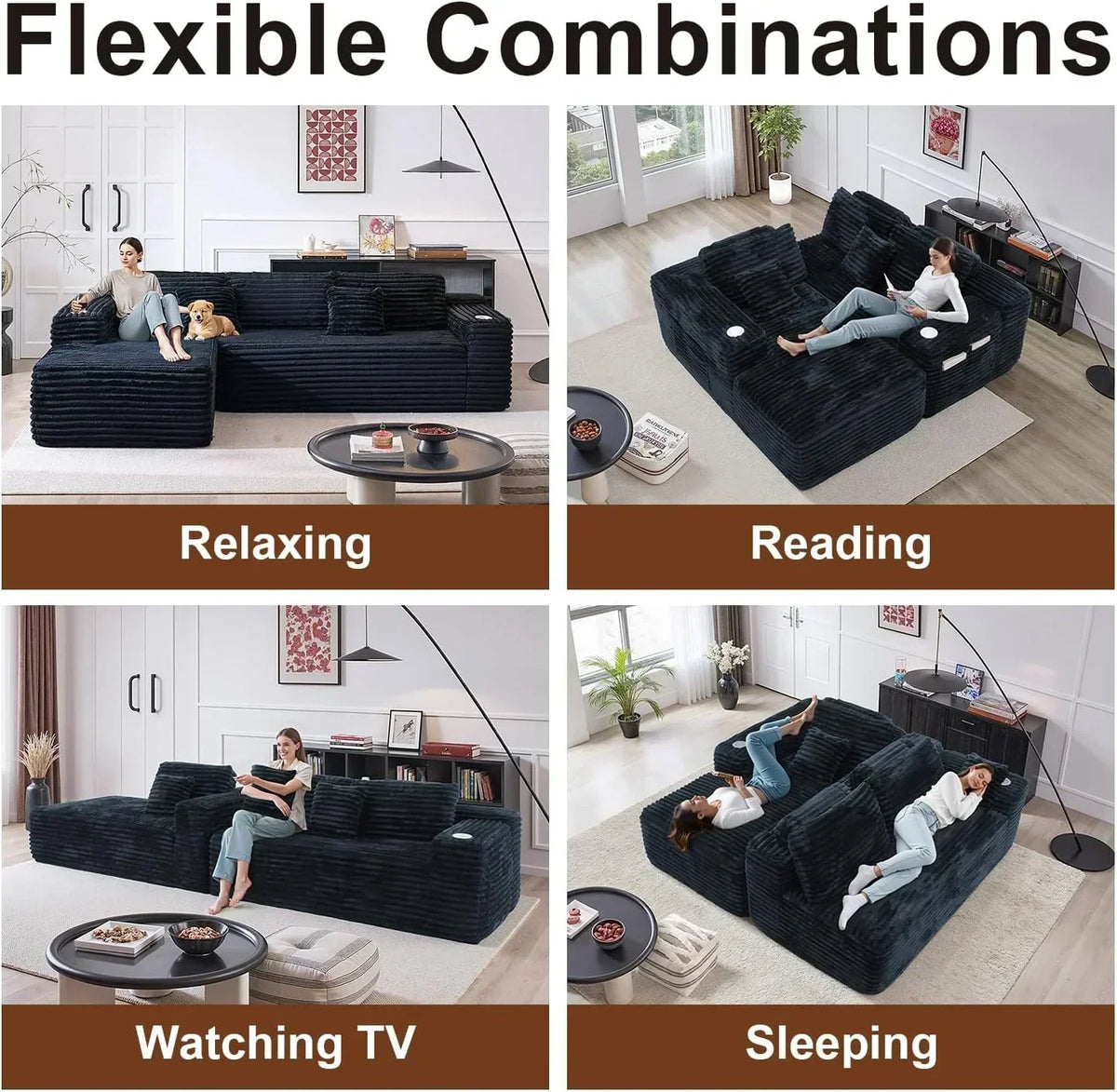 Cloud section sofa with L-shaped recliner modern modular sofa built-in cup holder