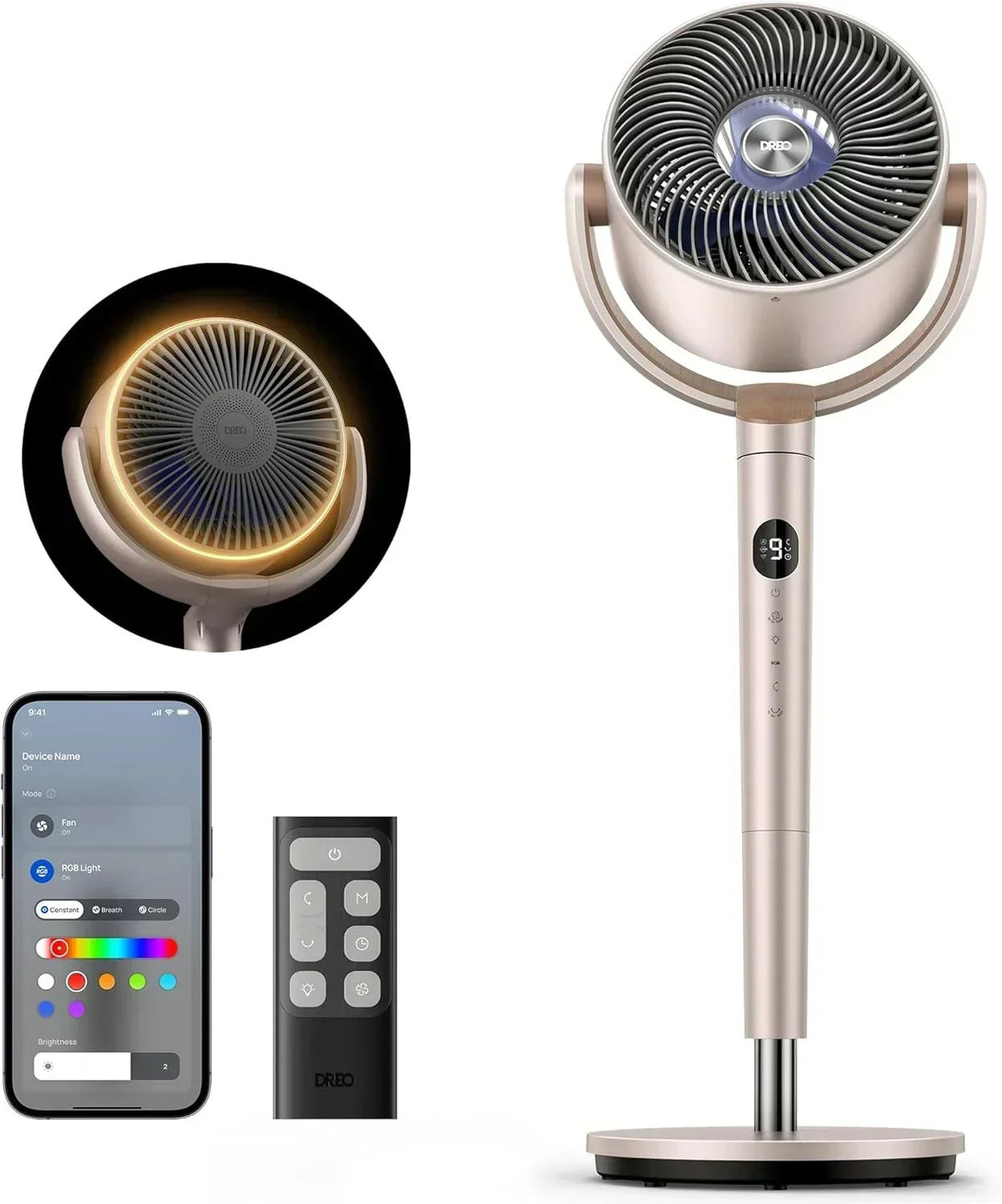 DREO Smart Fan for Bedroom, 120° +120° Omni-Directional Oscillating Fans, 100ft Quiet Pedestal Fan with RGB Light, 9 Speeds, 6 Modes, 20dB, 8H Timer, Wi-Fi/Voice/Alexa, 37-42" Floor Fans with Remote