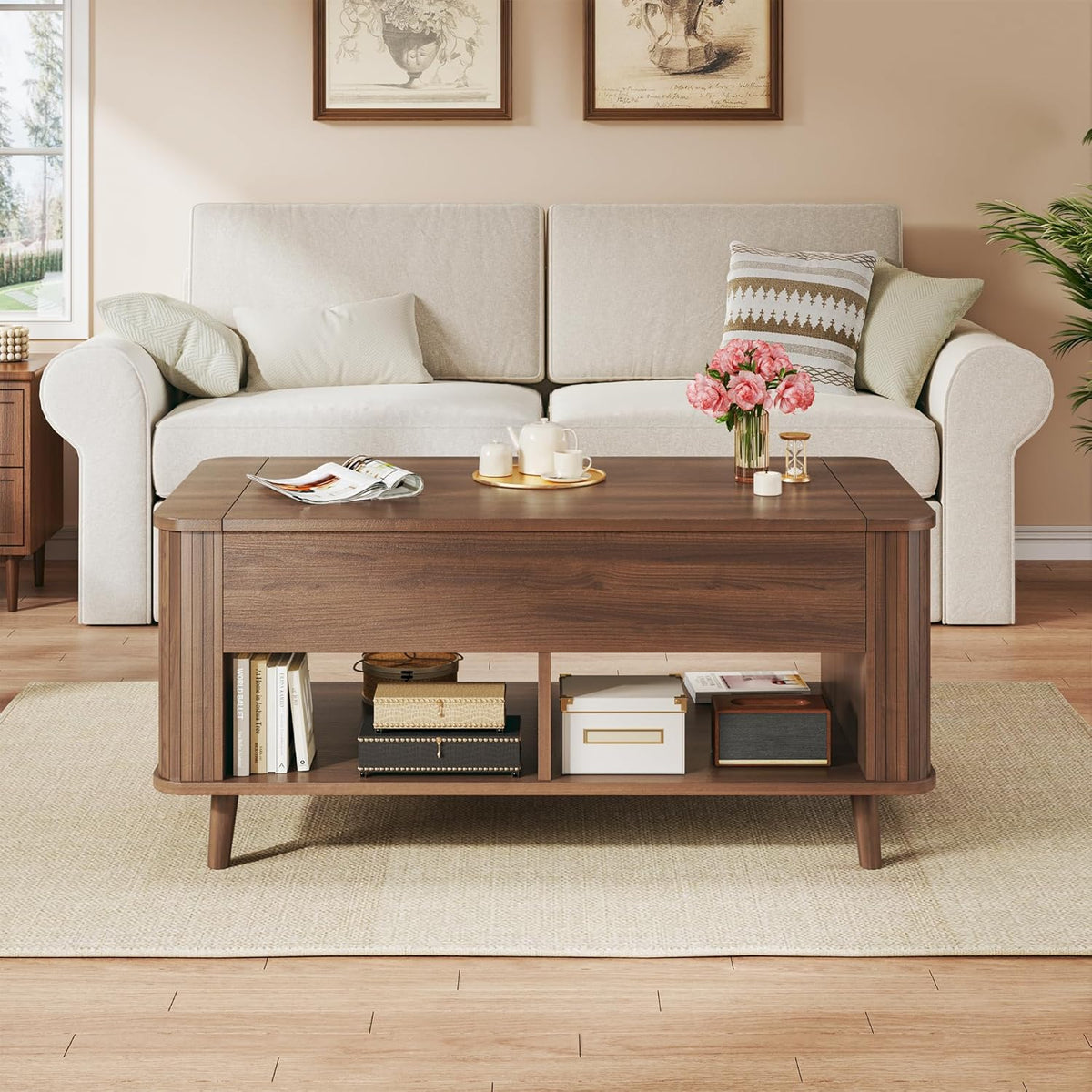 Fixwal 41" Lift Top Coffee Table with Storage, Walnut Mid Century Modern Coffee Table with Fluted Design