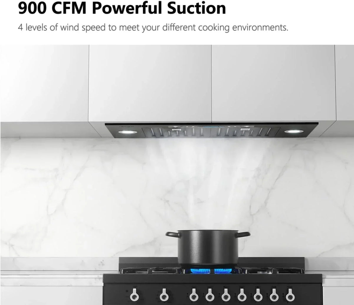30 inch Built-in/Insert Range Hood 900 CFM, Ducted/Ductless Convertible Duct, Stainless Steel Kitchen Vent Hood with 4 Speed Gesture Sensing&Touch Control Panel(IKB01-30)