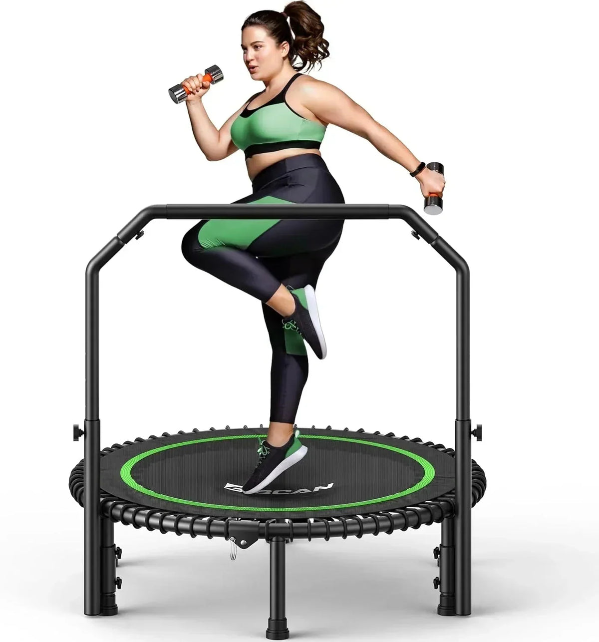 BCAN 450/550 LBS Foldable Mini Trampoline, 40"/48" Fitness Trampoline with Bungees, U Shape Adjustable Foam Handle, Stable & Quiet Exercise Rebounder for Adults Indoor/Outdoor Workout