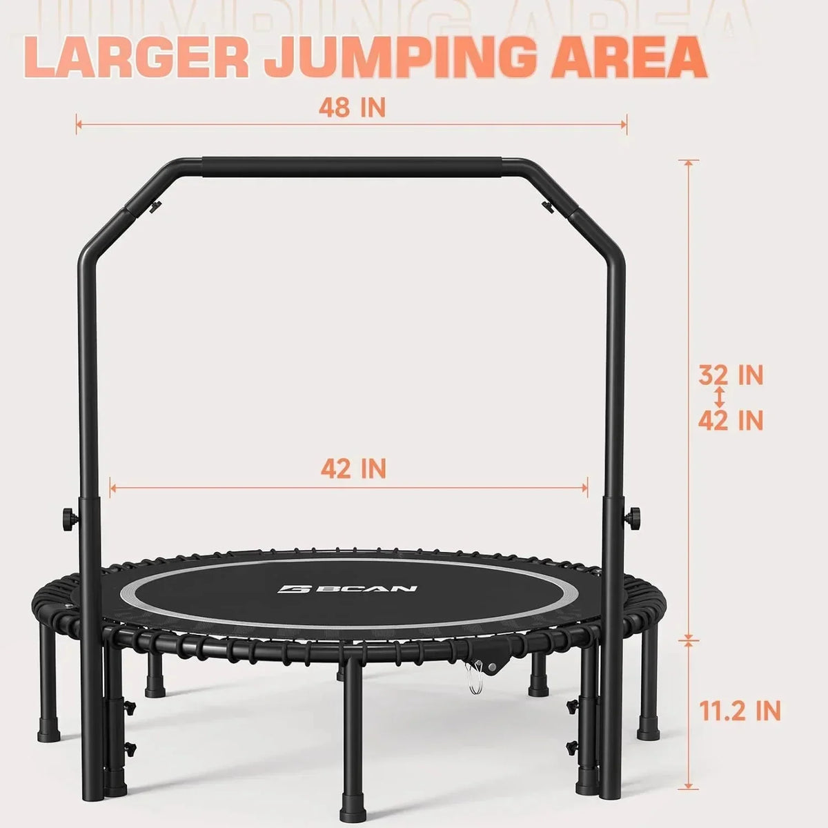 BCAN 450/550 LBS Foldable Mini Trampoline, 40"/48" Fitness Trampoline with Bungees, U Shape Adjustable Foam Handle, Stable & Quiet Exercise Rebounder for Adults Indoor/Outdoor Workout