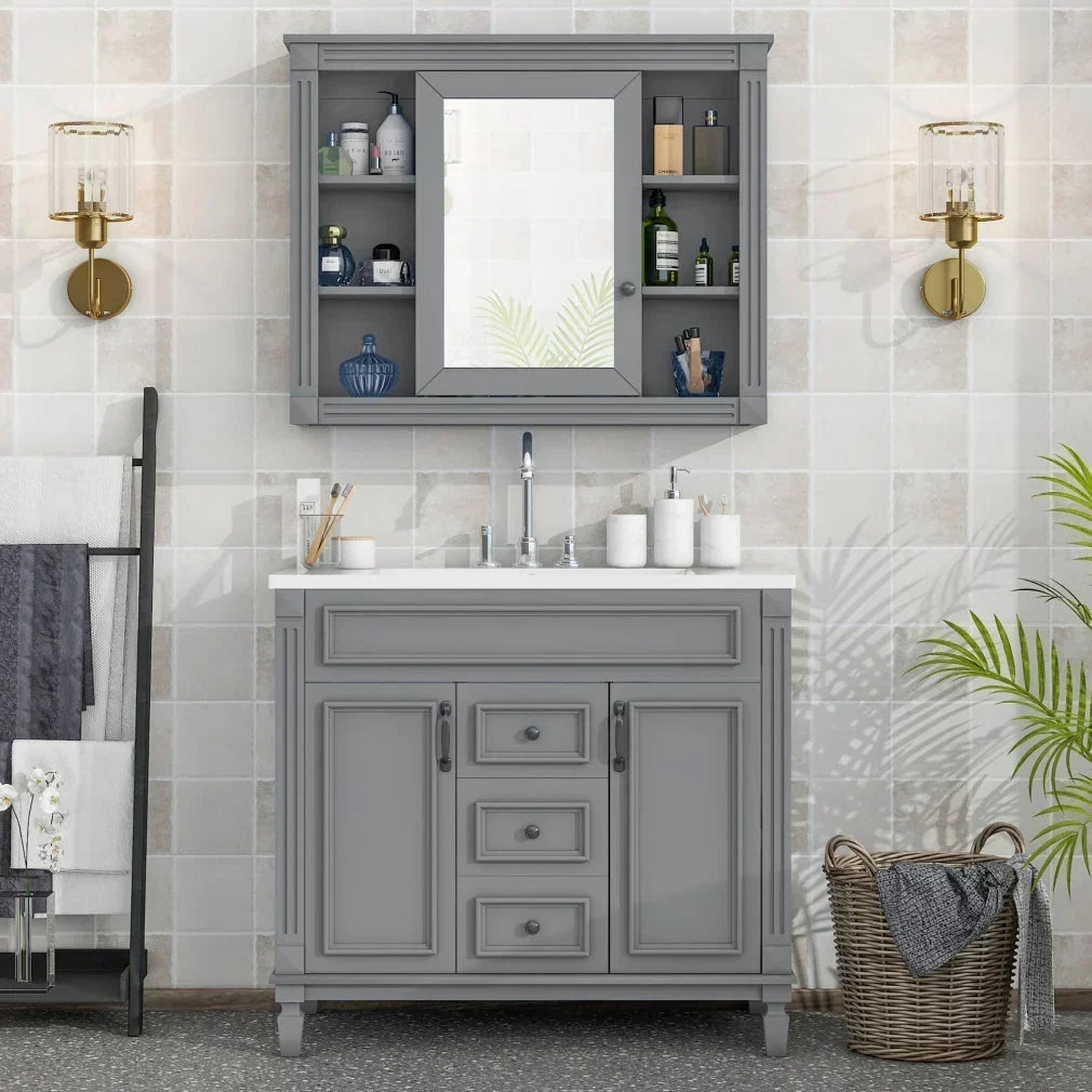 36'' Bathroom Vanity Set With Ceramic Sink Top, Mirror Cabinet, 2 Doors And 2 Drawers - Gray