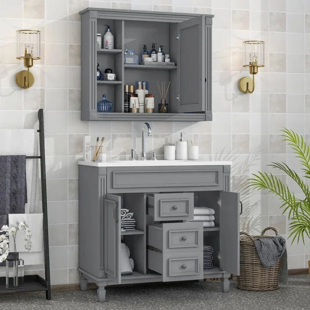 36'' Bathroom Vanity Set With Ceramic Sink Top, Mirror Cabinet, 2 Doors And 2 Drawers - Gray