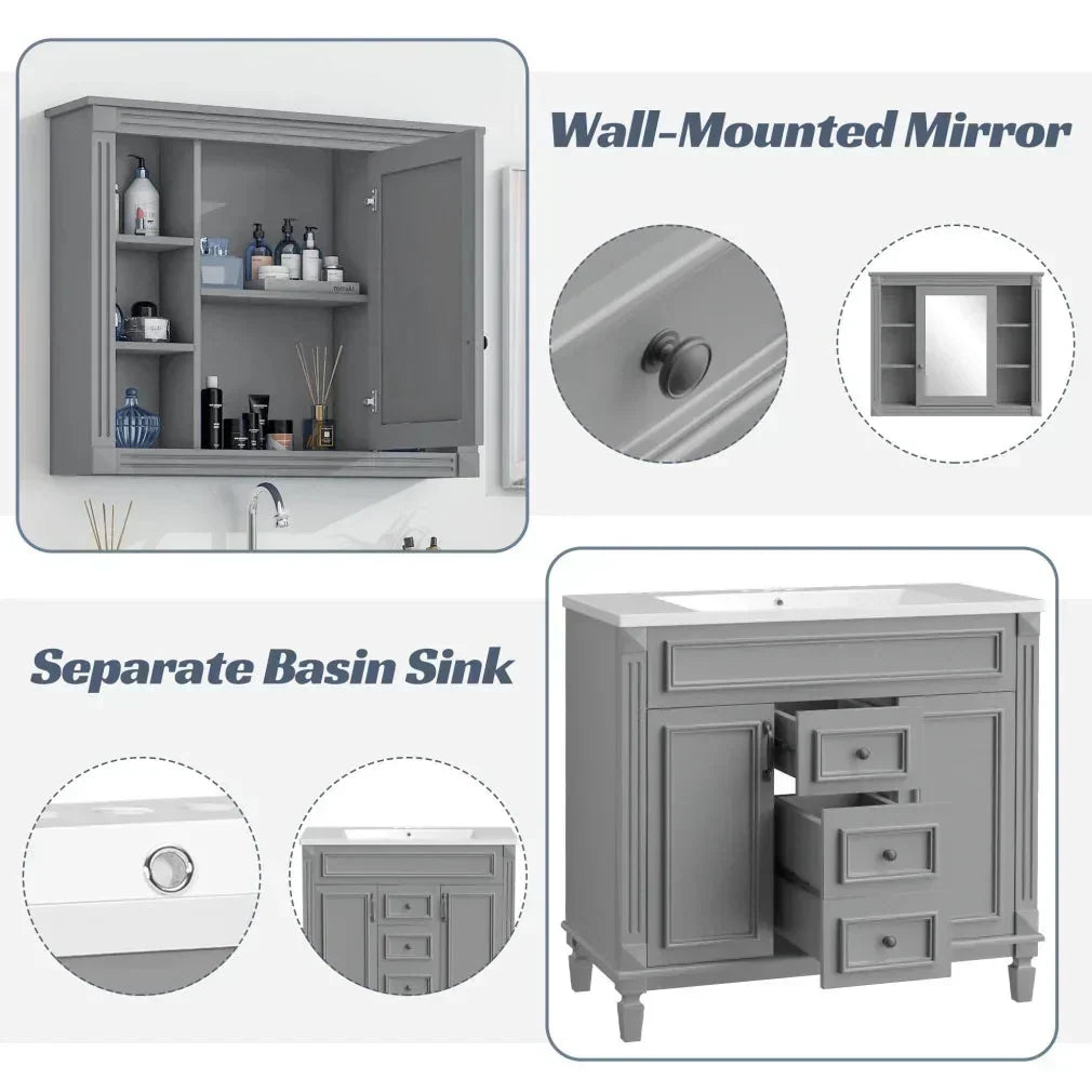 36'' Bathroom Vanity Set With Ceramic Sink Top, Mirror Cabinet, 2 Doors And 2 Drawers - Gray