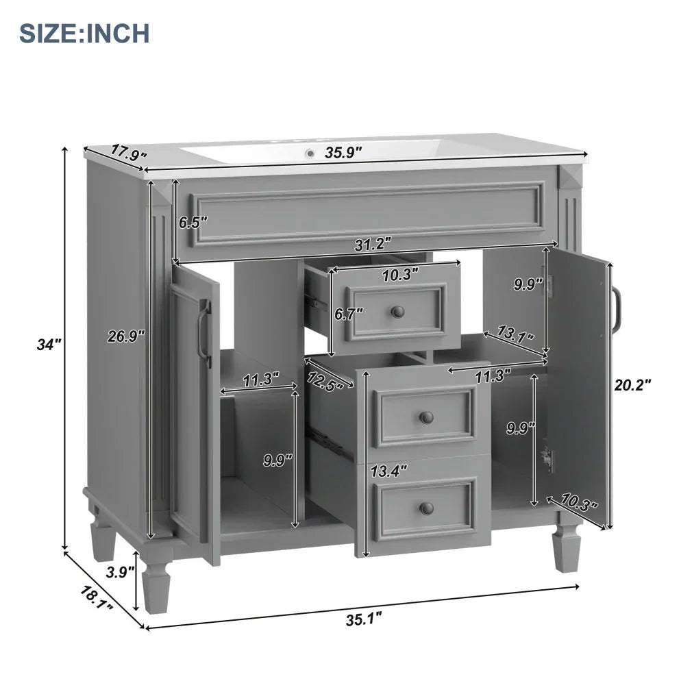 36'' Bathroom Vanity Set With Ceramic Sink Top, Mirror Cabinet, 2 Doors And 2 Drawers - Gray