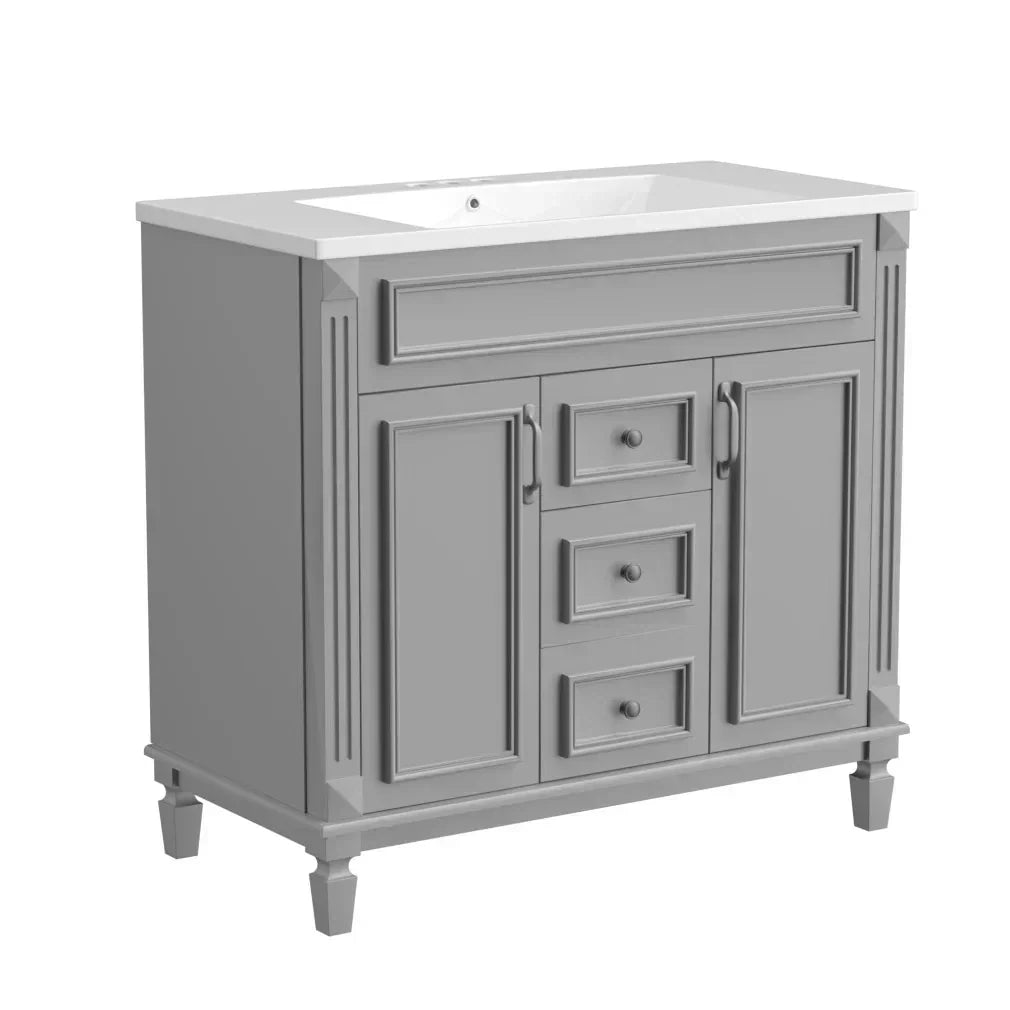 36'' Bathroom Vanity Set With Ceramic Sink Top, Mirror Cabinet, 2 Doors And 2 Drawers - Gray
