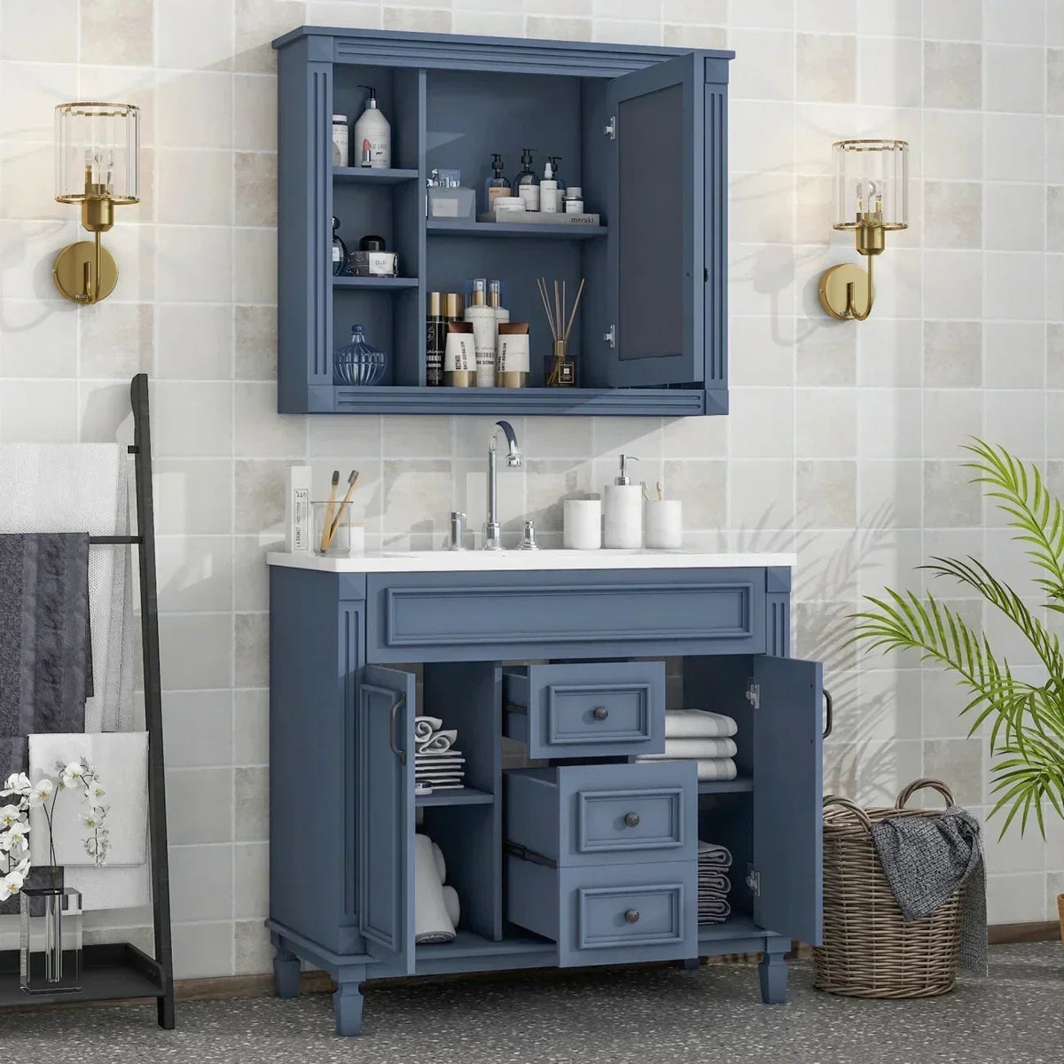 36'' Bathroom Vanity Set With Ceramic Sink Top, Mirror Cabinet, 2 Doors And 2 Drawers - Gray
