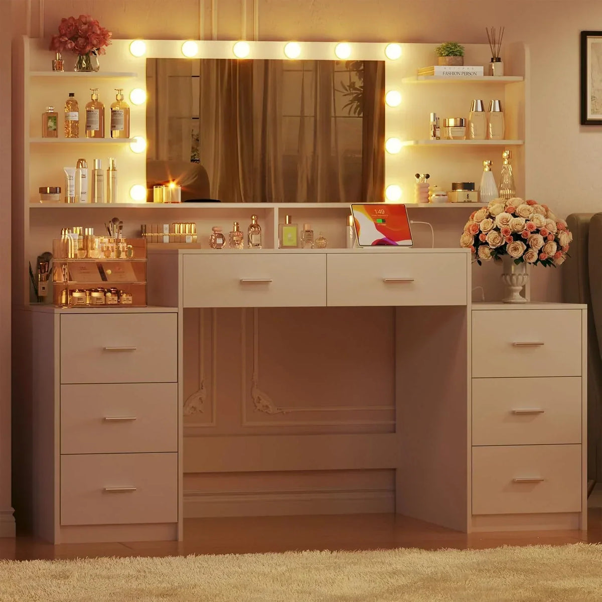 Fixwal 54.3" Professional Makeup Vanity Table with 8 Drawers, LED Hollywood Mirror & Charging Station, White