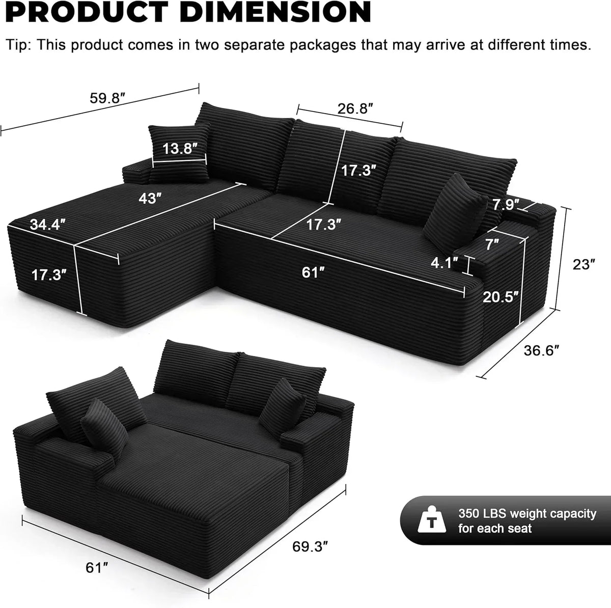 110 Cloud Sectional Couch, Boneless Sofa for Living Room Modular Sectional Sofa with Deep Seat
