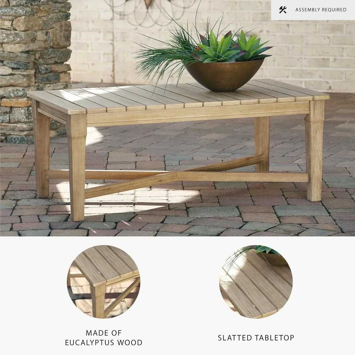 Signature Design by Ashley Clare View Coastal Outdoor Patio Eucalyptus Sofa with Cushions, Beige