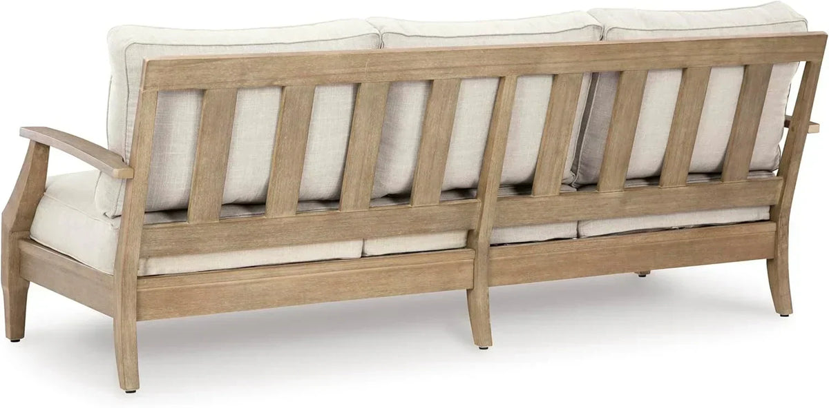 Signature Design by Ashley Clare View Coastal Outdoor Patio Eucalyptus Sofa with Cushions, Beige