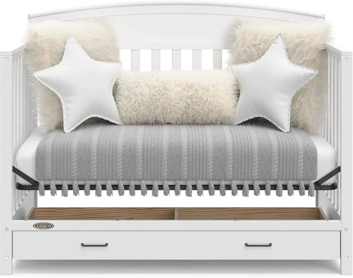 5-in-1 Convertible Baby Bed (with drawers, white) - Green Guardian Gold Certification, built-in baby bed storage drawer, convertible to toddler bed, day bed and full-size bed