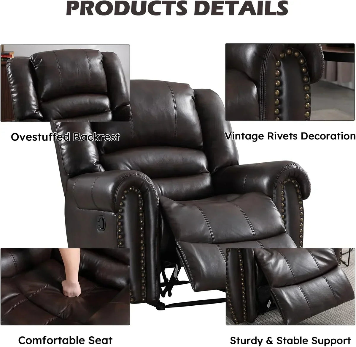 CANMOV Leather Recliner Chair, Classic and Traditional Manual Recliner Chair with Comfortable Arms and Back Single Sofa for Living Room, Nut Brown