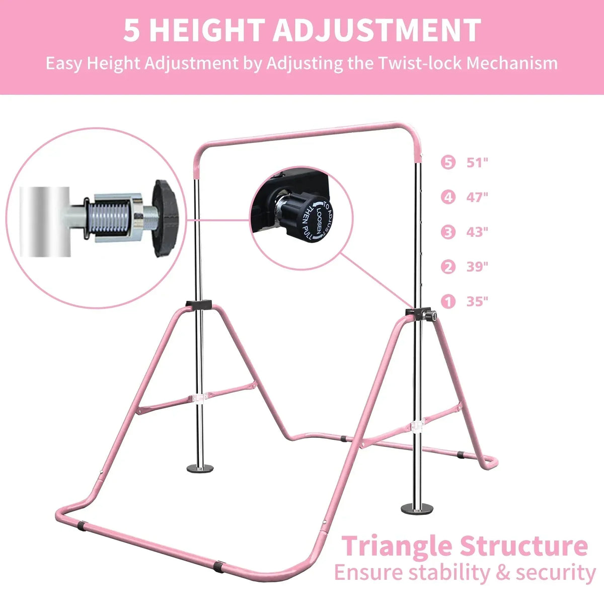 Expandable Gymnastics Bar For Kids, Folding, Height Adjustable 35-51 in, Pink