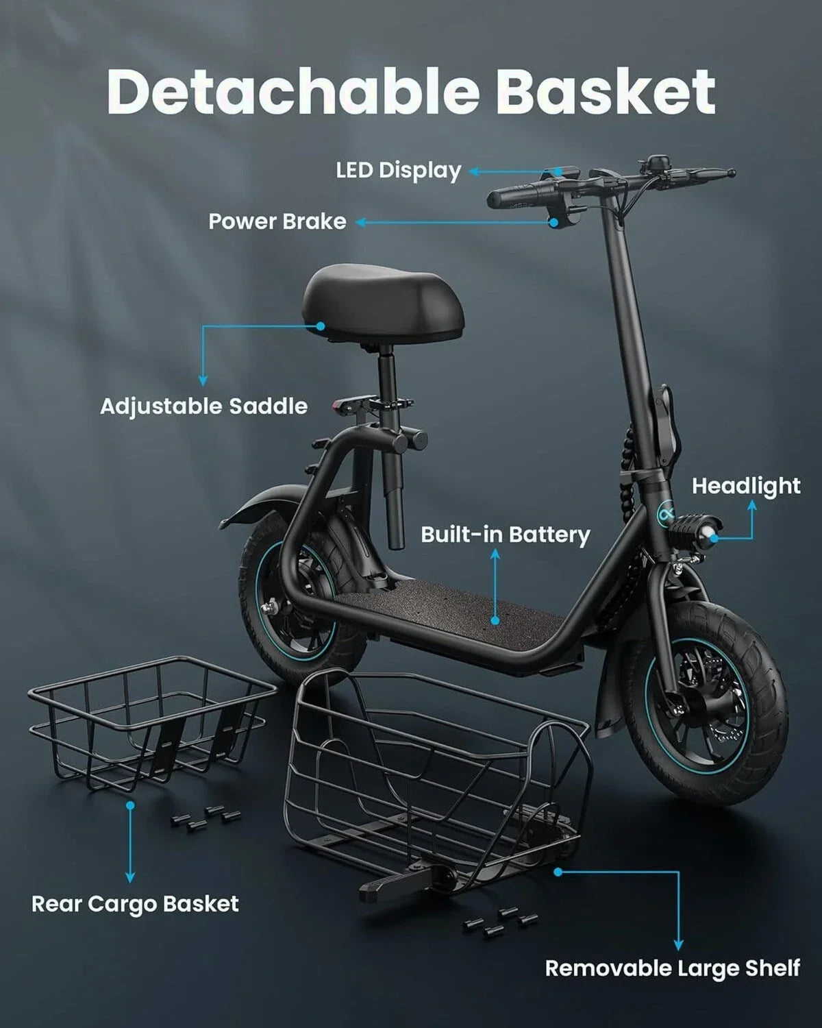 Gyroor Electric Scooter With Basket And Seat, 550W, 20 Mile Range, Black-FP9 - C1S