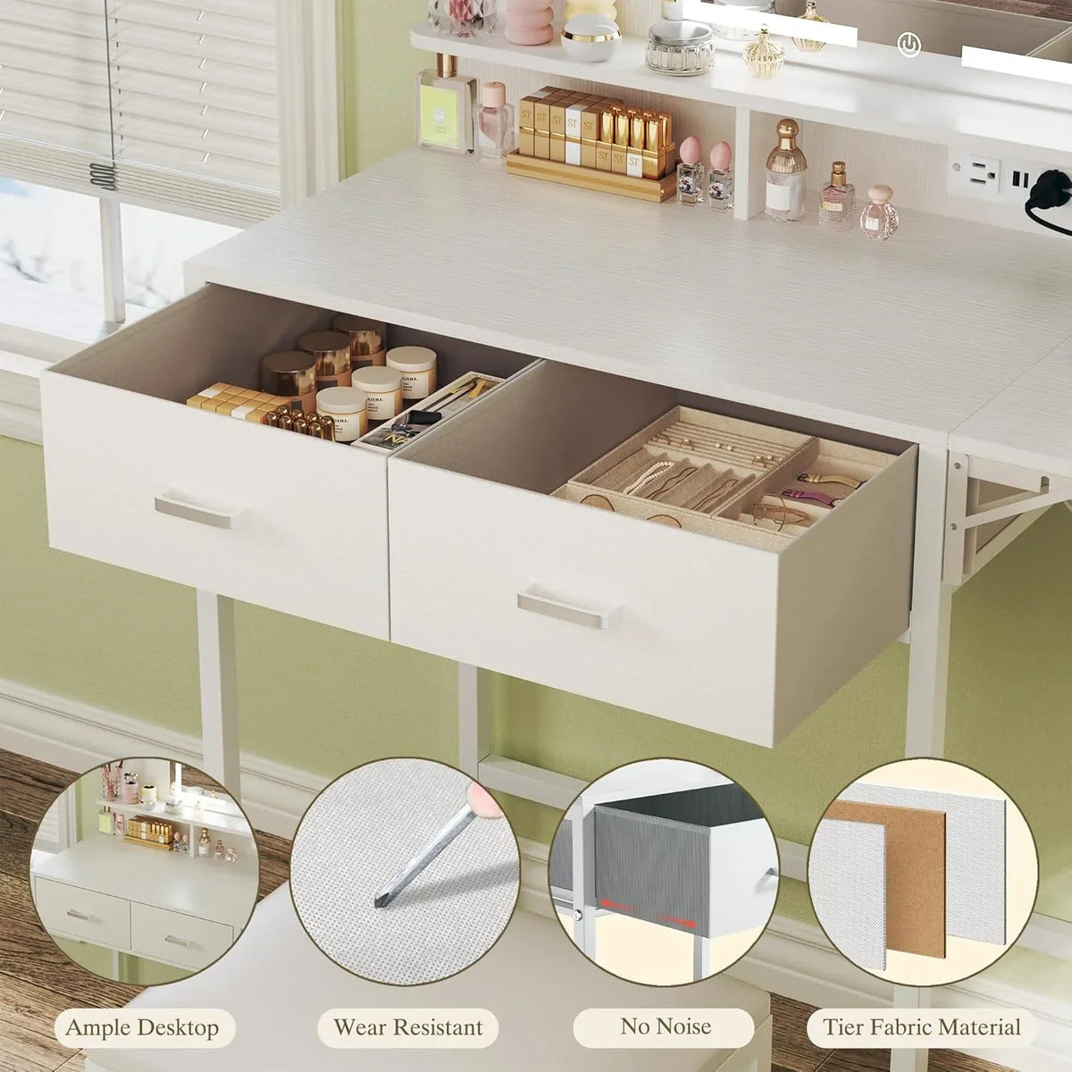 Fixwal Small Makeup Vanity Table with LED Mirror, 4 Drawers & Charging Station, White