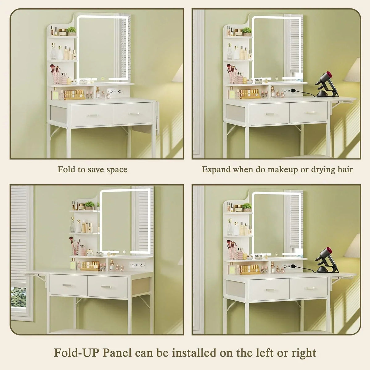 Fixwal Small Makeup Vanity Table with LED Mirror, 4 Drawers & Charging Station, White