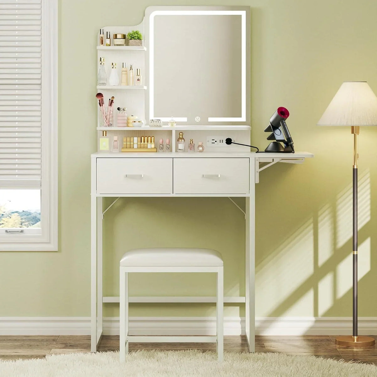 Fixwal Small Makeup Vanity Table with LED Mirror, 4 Drawers & Charging Station, White